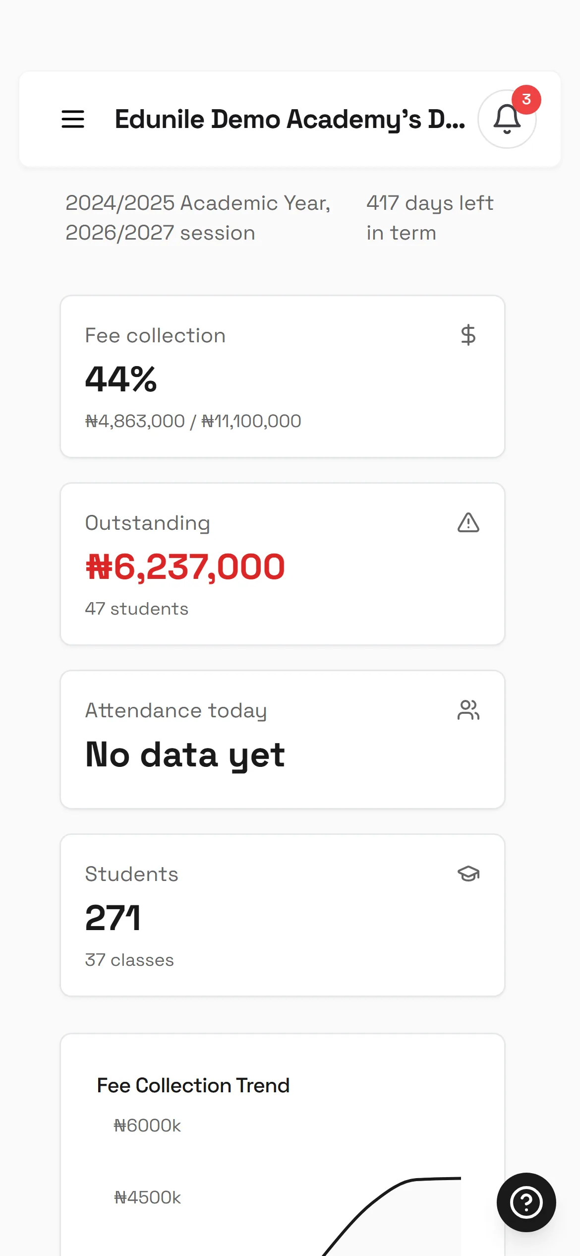 The Edunile dashboard on a phone — manage your school from anywhere